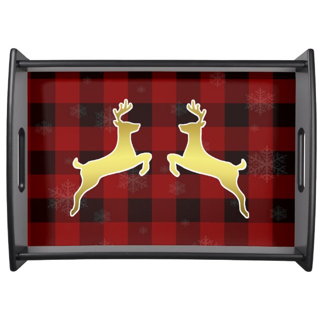 Beautiful Gold Deer Elegant Ornate Red Christmas Serving Tray (Front)