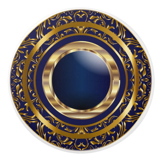 Beautiful Gold Design on Navy Blue Ceramic Knob (Front)
