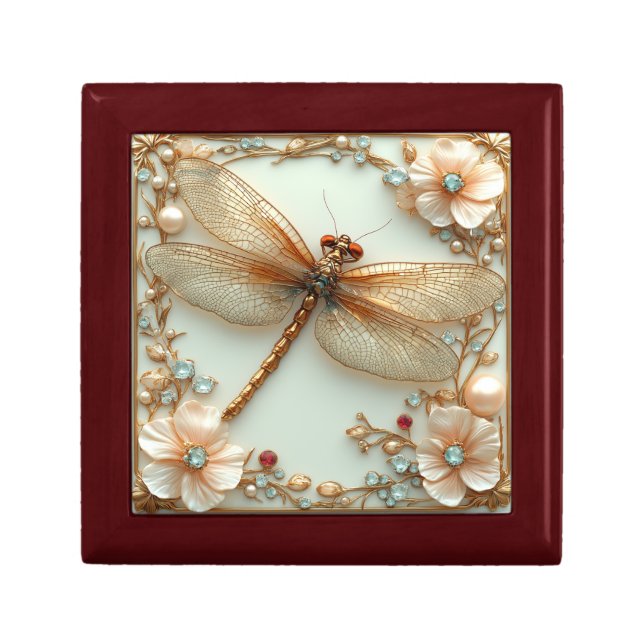 Beautiful Gold Dragonfly Aquamarine Rubies Pearls Gift Box (Front)
