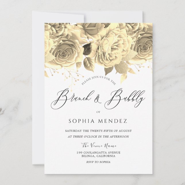 Beautiful Gold floral Bridal Shower Brunch Bubbly Invitation (Front)