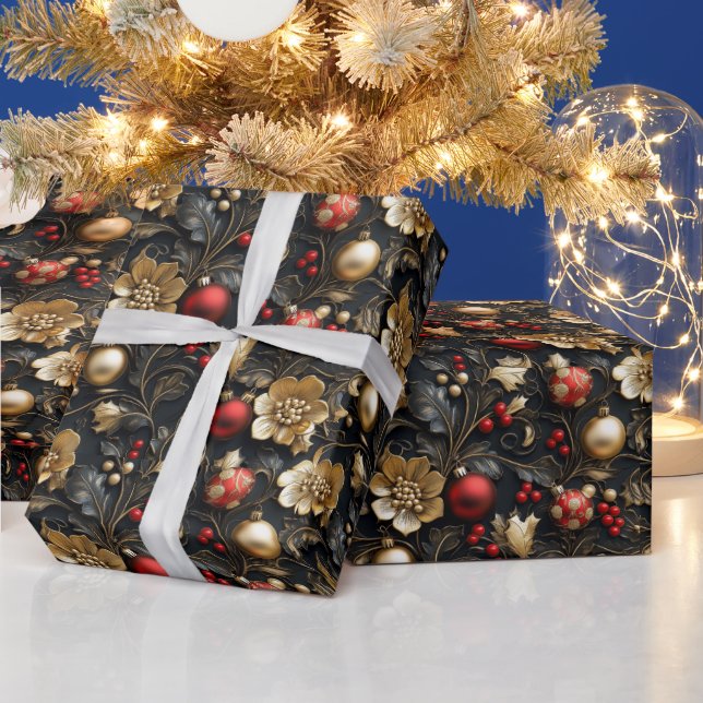 Beautiful Gold Flowers Red & Gold Ornaments Wrapping Paper (Holidays)