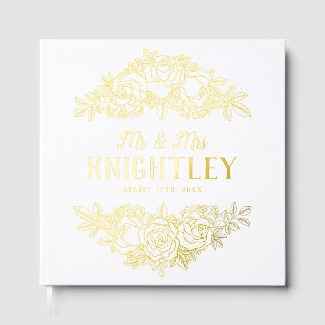 Beautiful Gold Foil Roses Floral Wedding Guest Book (Front)