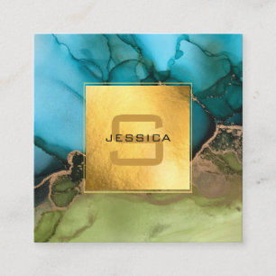 Beautiful Gold Foil Teal Black Monogram Square Business Card