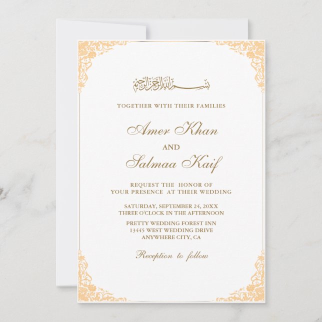 Beautiful gold frame muslim wedding Invitations (Front)