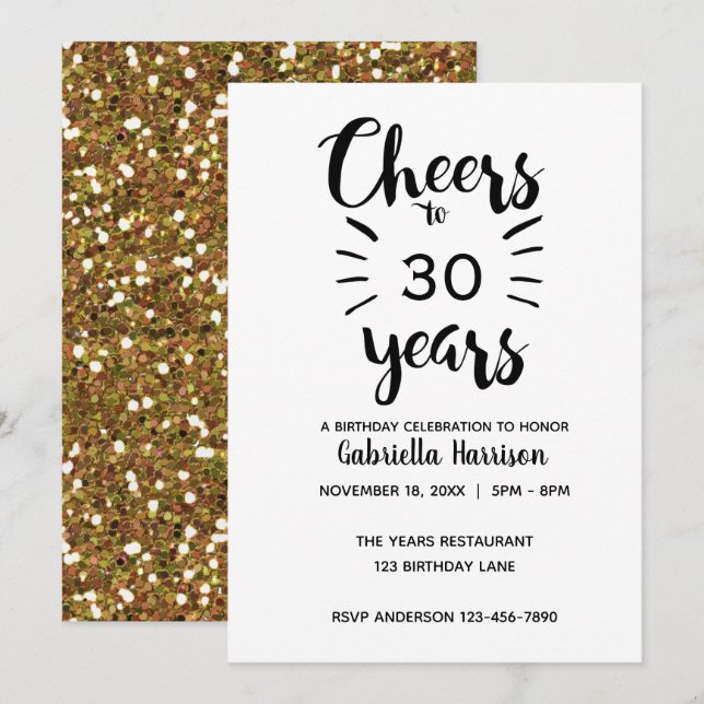 Beautiful Gold Glitter Cheers to 30 Years Invitation (Front/Back)