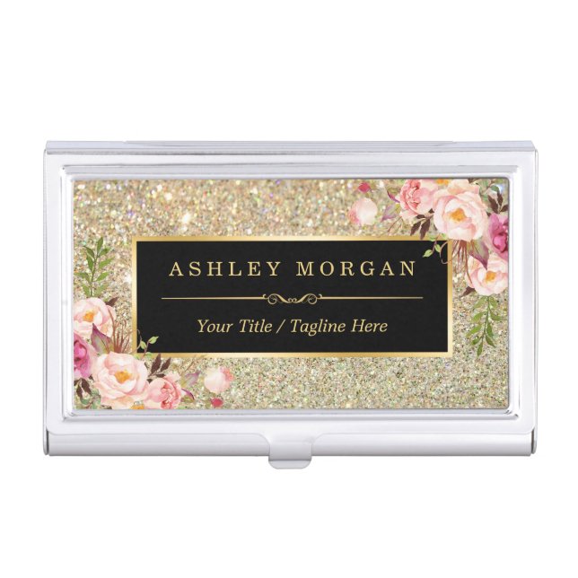 Beautiful Gold Glitter Sparkles Girly Floral Decor Case For Business Cards (Front)