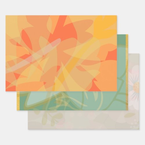 Beautiful Gold Green Pink Orange Floral Pattern Wrapping Paper Sheets