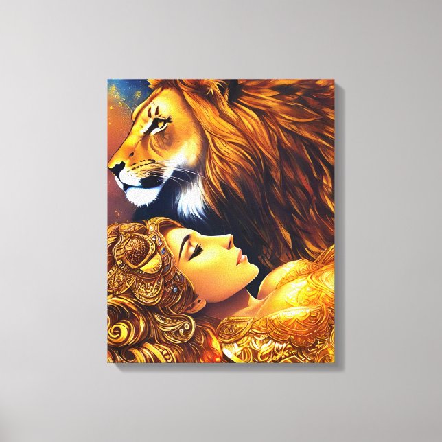 Beautiful Gold Lion and Woman Wrapped Canvas Print (Front)