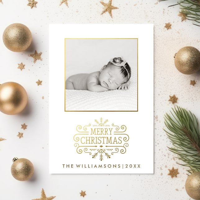 Beautiful Gold Merry Christmas Snowflake Photo Holiday Card (Creator Uploaded)