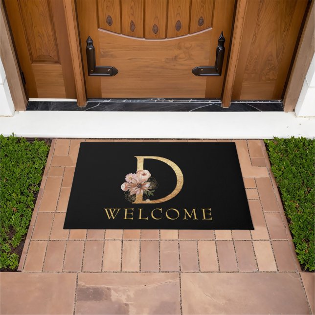 Beautiful Gold Monogram D with Pink Flowers Doormat (Outdoor)