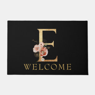 Beautiful Gold Monogram E with POPPY Flowers Doormat