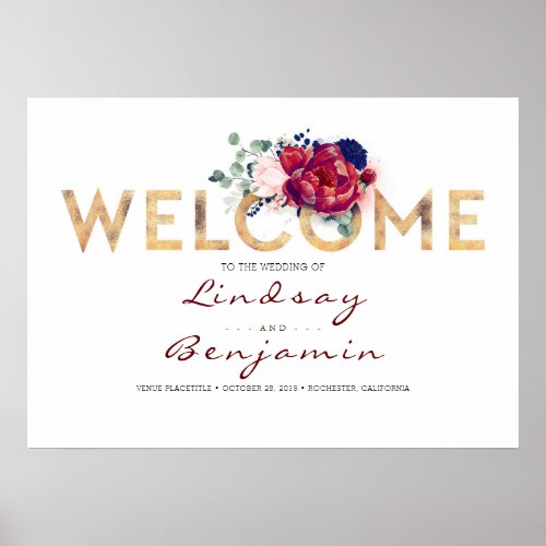 Beautiful Gold Navy Blue and Burgundy Wedding Poster