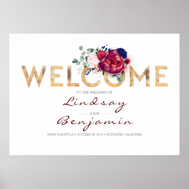 Beautiful Gold Navy Blue and Burgundy Wedding Poster (Front)
