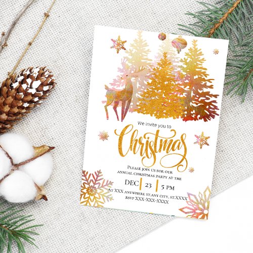 Beautiful Gold Pink Deer Christmas Party Tree Invitation