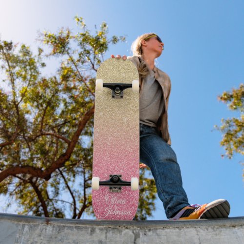 Beautiful Gold Pink Glitter Ombre Skateboard
