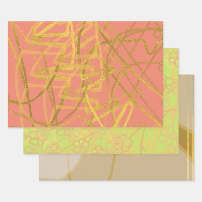 Beautiful Gold Pink Green Floral Wrapping Paper Sheets (Set)