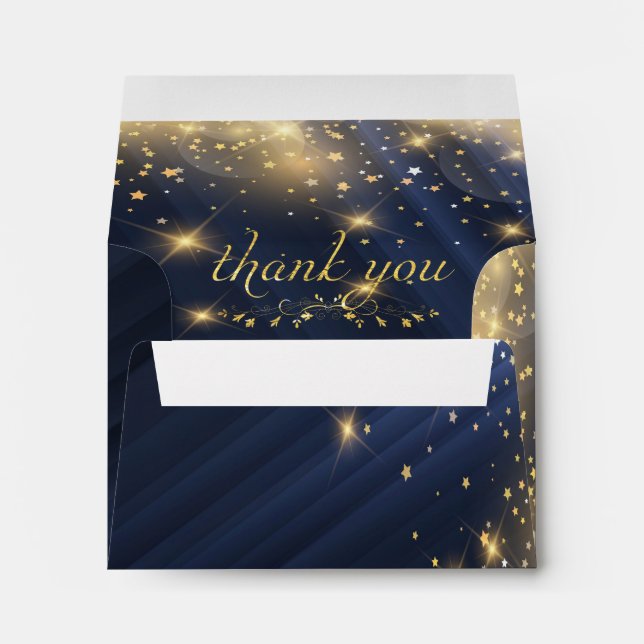 Beautiful Gold Sparkling Stars Navy Blue Satin Envelope (Back (Bottom))