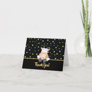 Beautiful Gold Starry Sky Cartoon Cow with Flower Letterpress Thank You Card