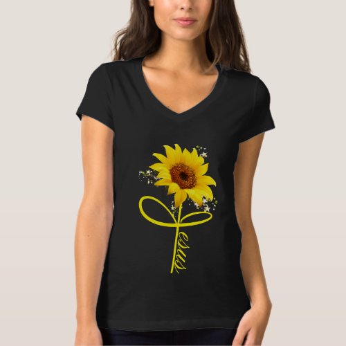 Beautiful Gold Sunflower with the word Jesus T_Shirt