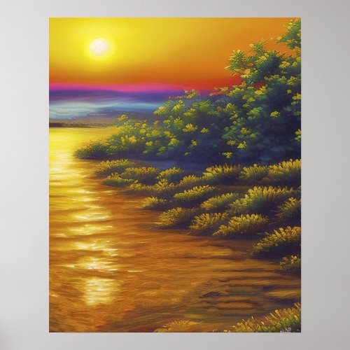 Beautiful Gold Sunset Ocean Beach Plants Poster