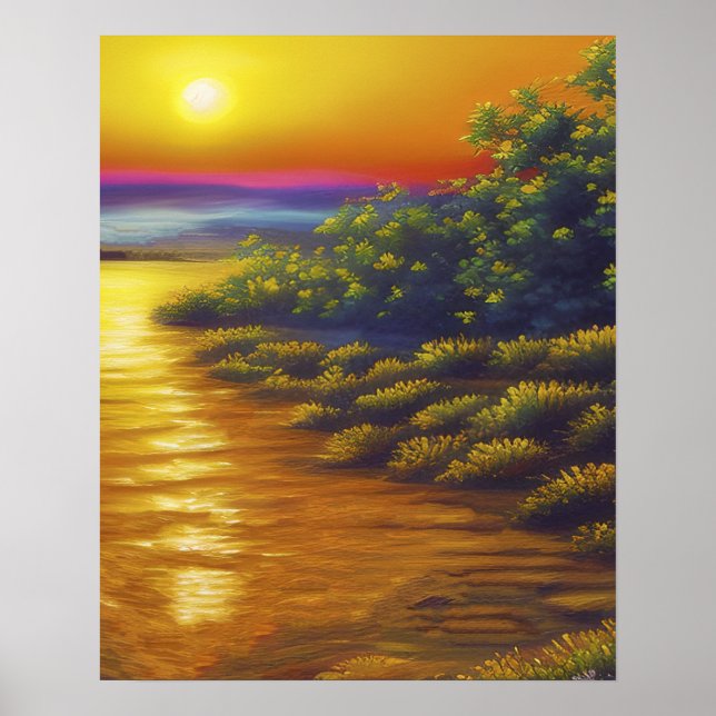 Beautiful Gold Sunset Ocean Beach Plants Poster (Front)