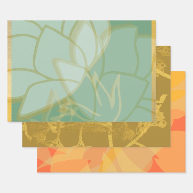 Beautiful Gold Turquoise Orange Floral Wrapping Paper Sheets (Set)