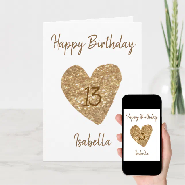 Beautiful Gold Watercolor Heart 13th Birthday Card | Zazzle