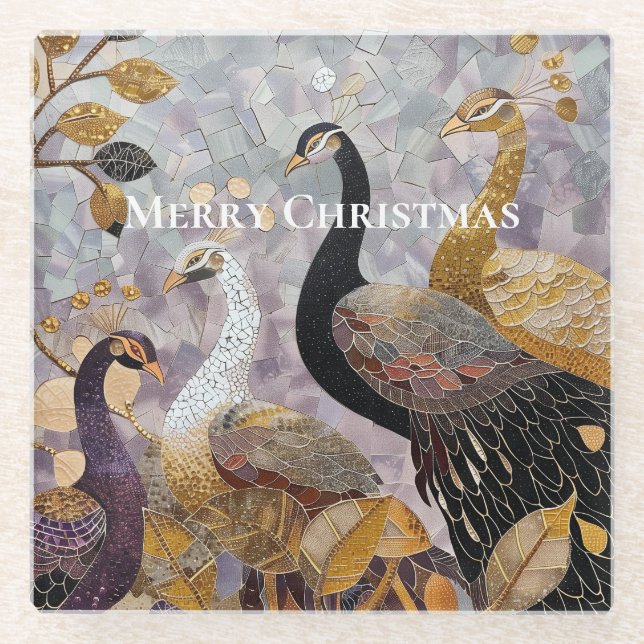 Beautiful Gold White Peacocks Christmas Glass Coaster (Front)