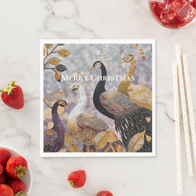 Beautiful Gold White Peacocks Christmas Napkins (Insitu)