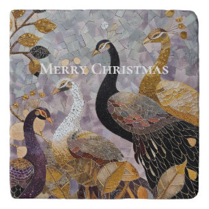 Beautiful Gold White Peacocks Christmas Trivet