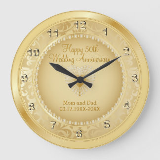 Beautiful Golden 50th Wedding Anniversary Large Clock