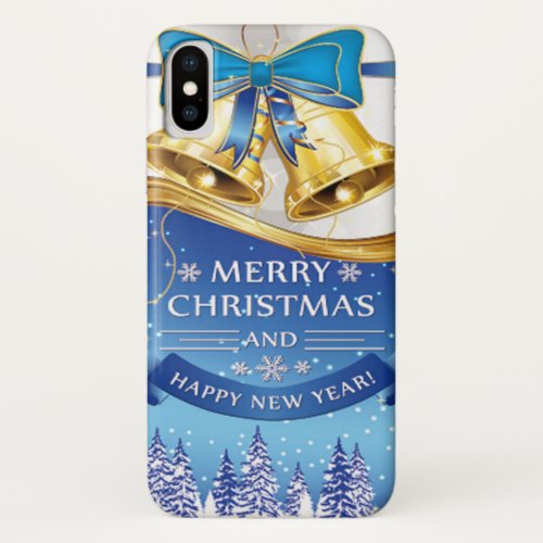 Beautiful Golden Christmas Bells with Blue Bow iPhone X Case