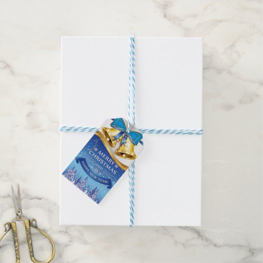 Beautiful Golden Christmas Bells with Blue Bow