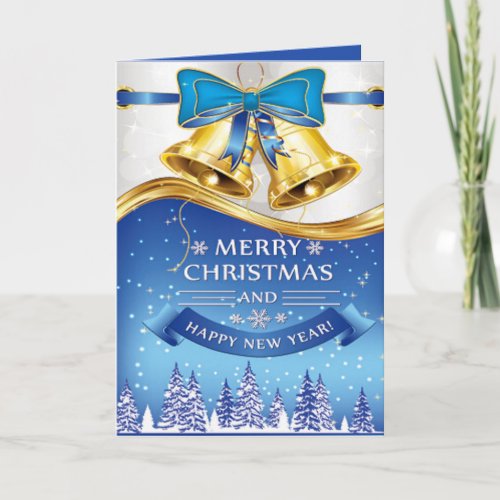 Beautiful Golden Christmas Bells with Blue Bow Holiday Card