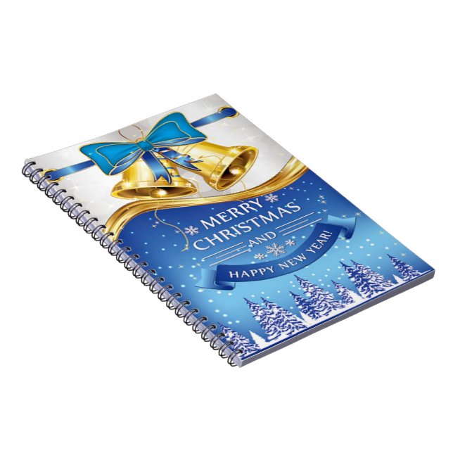 Beautiful Golden Christmas Bells with Blue Bow Notebook (Right Side)