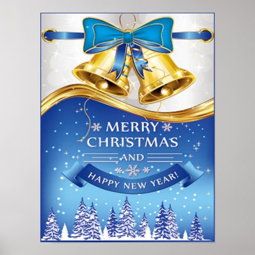 Beautiful Golden Christmas Bells with Blue Bow Poster