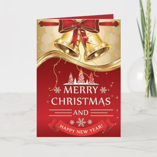 Beautiful Golden Christmas Bells with Red Bow Holiday Card (Front)
