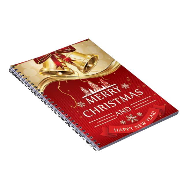 Beautiful Golden Christmas Bells with Red Bow Notebook (Right Side)