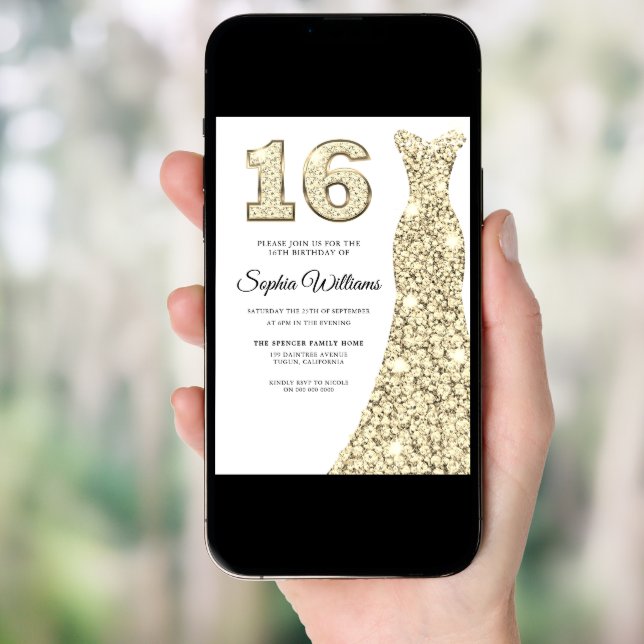 Beautiful Golden Dress 16th Birthday Sweet 16 Invitation (Front Digital)