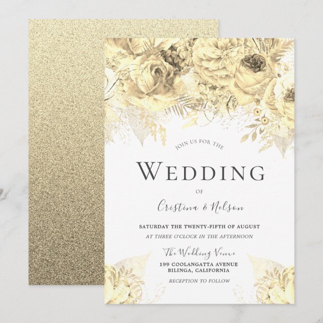 Beautiful Golden Flowers Elegant Wedding Invitation (Front/Back)