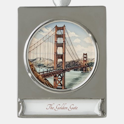 Beautiful Golden Gate Bridge Watercolor Painting Silver Plated Banner Ornament