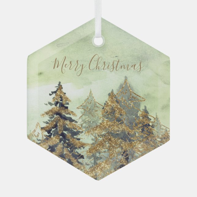 Beautiful Golden Green Christmas Trees  Glass Ornament (Front)