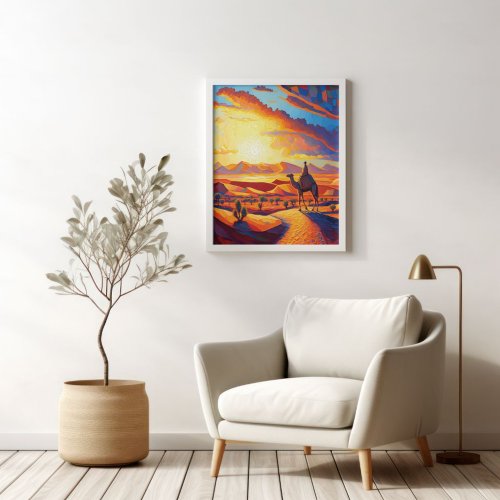 Beautiful Golden Hour Desert Sunset  Camels Poster