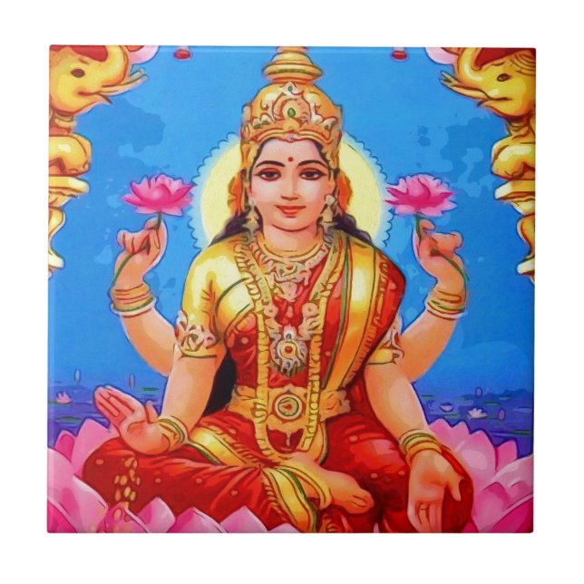 Beautiful Golden Lakshmi Diwali Goddess Ceramic Tile (Front)