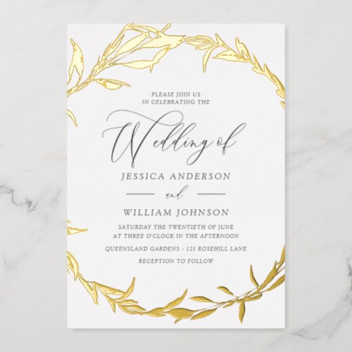 Beautiful Golden Leaf Wreath Foil Wedding Foil Invitation