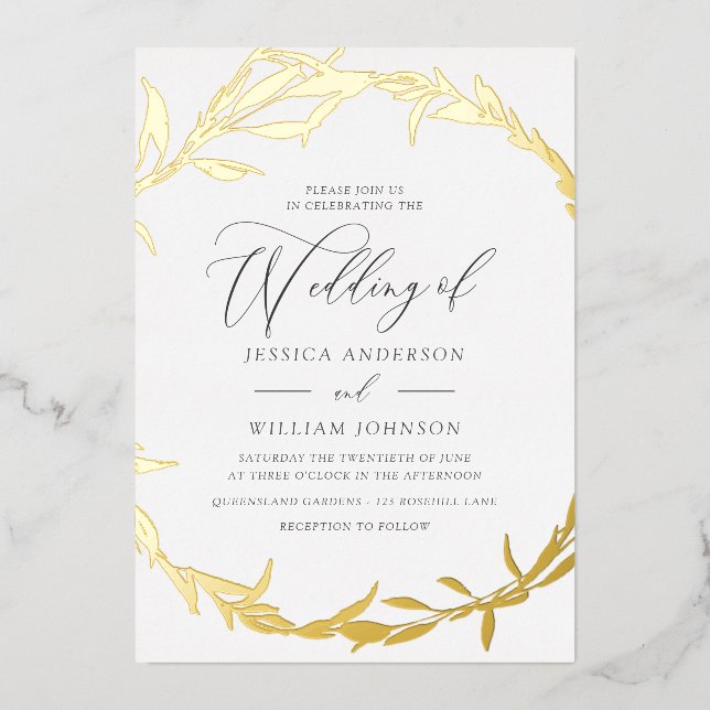 Beautiful Golden Leaf Wreath Foil Wedding Foil Invitation (Front)