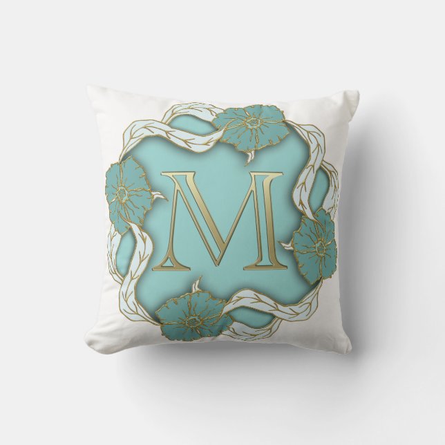 Beautiful Golden Look Initial M Blue Floral Throw Pillow (Front)