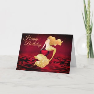 Beautiful Golden Mermaid with Red Heart Birthday Card
