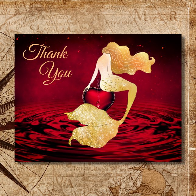 Beautiful Golden Mermaid with Red Heart Thank You Postcard (Creator Uploaded)