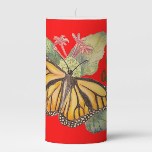 Beautiful Golden Monarch Butterfly Painting Pillar Candle